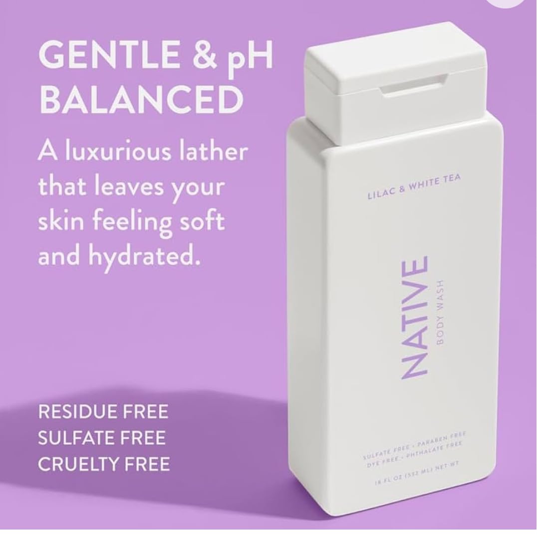 Native Body Wash Contains Naturally Derived Ingredients | For Women & Men, Sulfate, Paraben, & Dye Free Leaving Skin Soft and Hydrating | Lilac & White Tea 18 oz (Pack of 2)