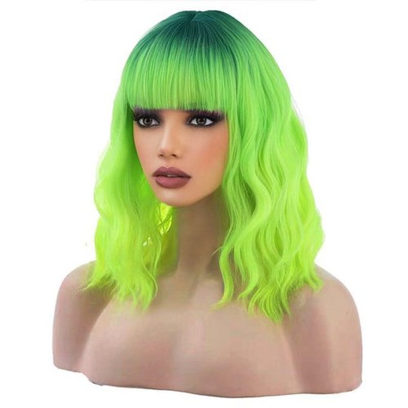 incohair 14inch Ombre Green Wigs for Women 14 Inches Short Wavy Fluorescent Green Wig With Bangs Fluorescent Green Short Wigs for Cosplay Party Daily Wigs Wig Cap Included