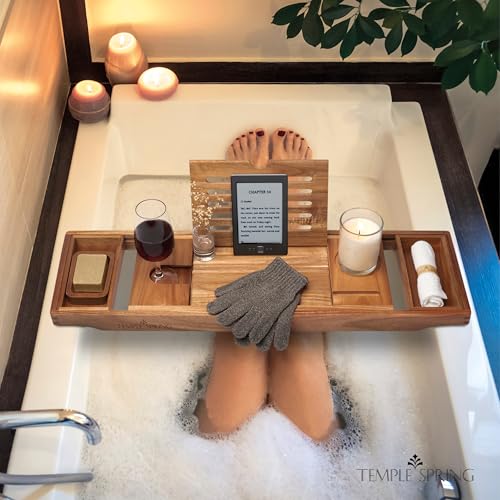 Temple Spring Bathtub Caddy Tray - Extendable Bath Tray for Bathtub with Candle, Wine Glass, Book, Pad & Phone Holders - Adjustable Bathtub Tray Over tub w/Bathroom Accessories - Acacia Wood
