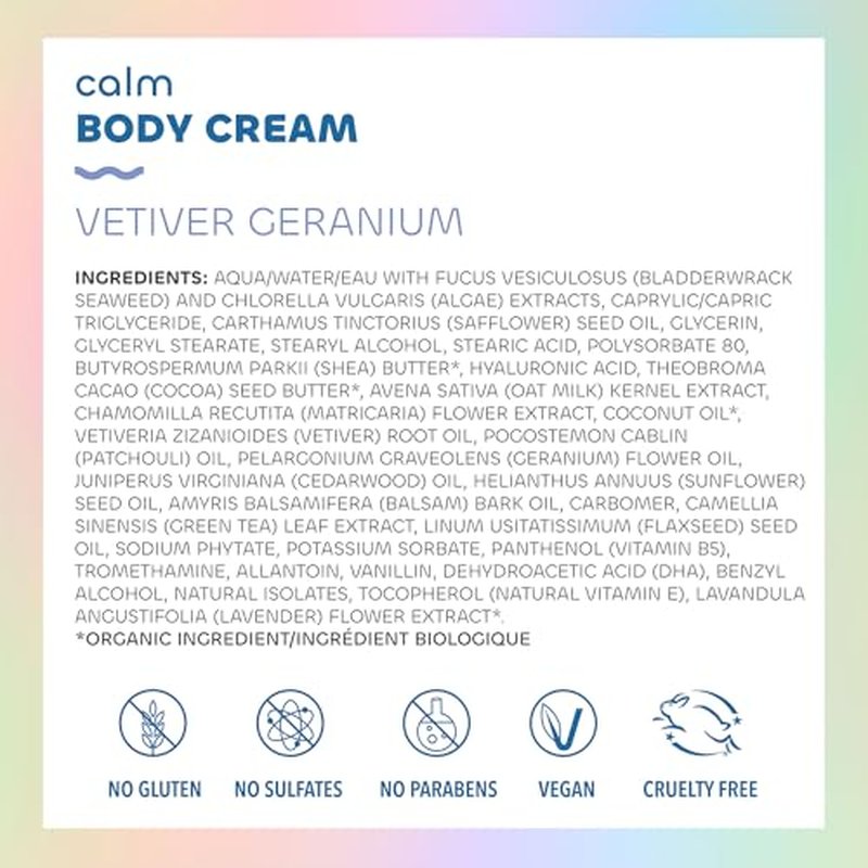 Seaweed Bath Co. Calm Body Cream, Vetiver Geranium Scent, 6 Ounce, Relaxing Hand & Body Lotion Moisturizer for Dry Skin, Sustainably Harvested Seaweed, Oat Milk, Chamomile