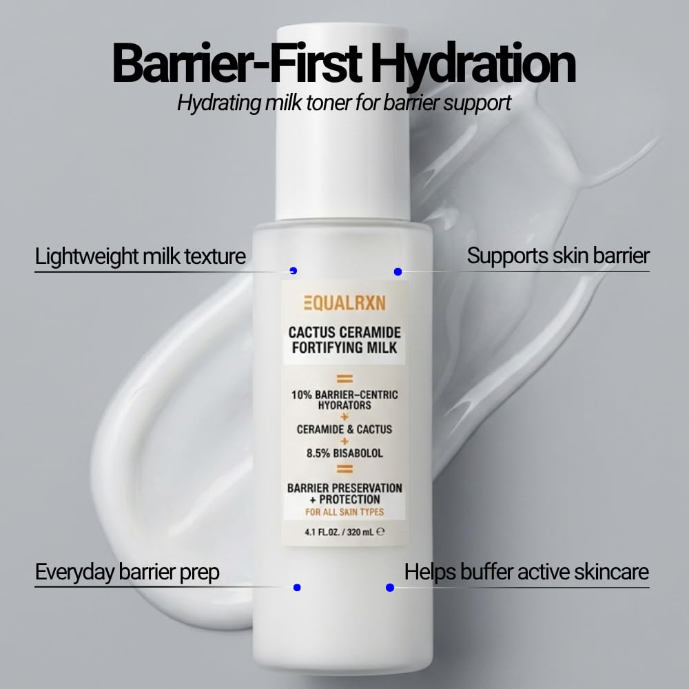 EqualRXN Cactus Ceramide Fortifying Milk - Hydrating & Moisturizing Milky Toner with Ceramide NP, 0.5% Bisabolol & 10% Barrier Hydrators, Alcohol-Free Toner for Sensitive, Dry & Dehydrated Skin