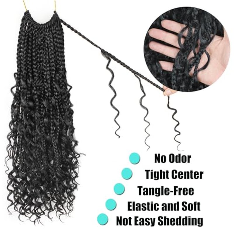 9 Pack Boho Box Braids Crochet Hair - 18 Inch Pre-looped Goddess Box Braids Crochet Hair Bohemian Crochet Boho Crochet Braids With Curly Ends Synthetic Crochet Hair For Women（18 Inch,1B)