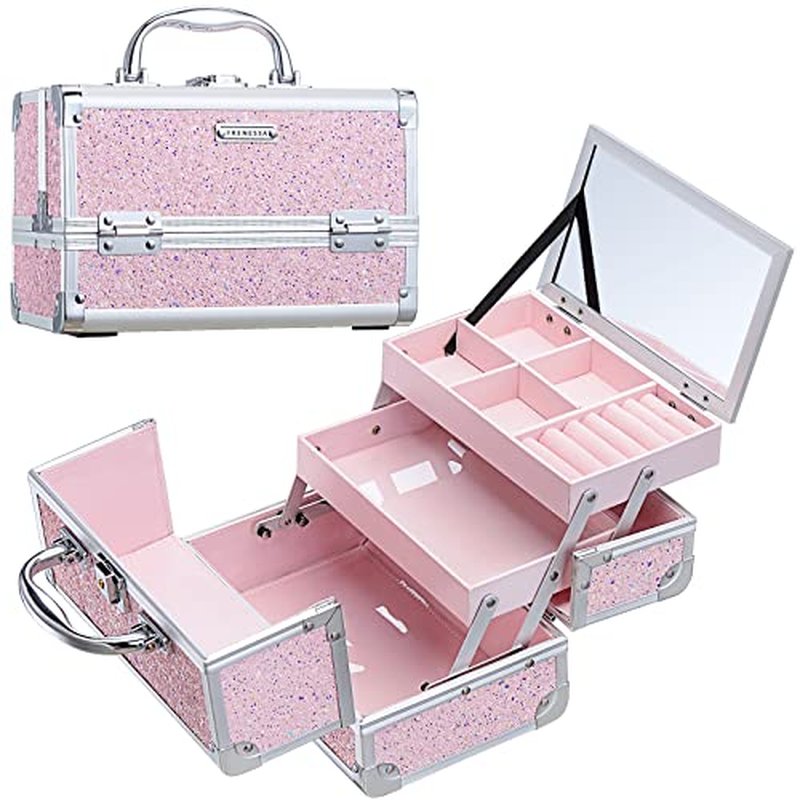 FRENESSA Makeup Train Case Cosmetic Case Organizer Portable Makeup Box 2 Trays with Lockable Mirror Makeup Storage Organizer for Girls Makeup Artist Makeup Tools Travel Makeup Case Glitter Pink