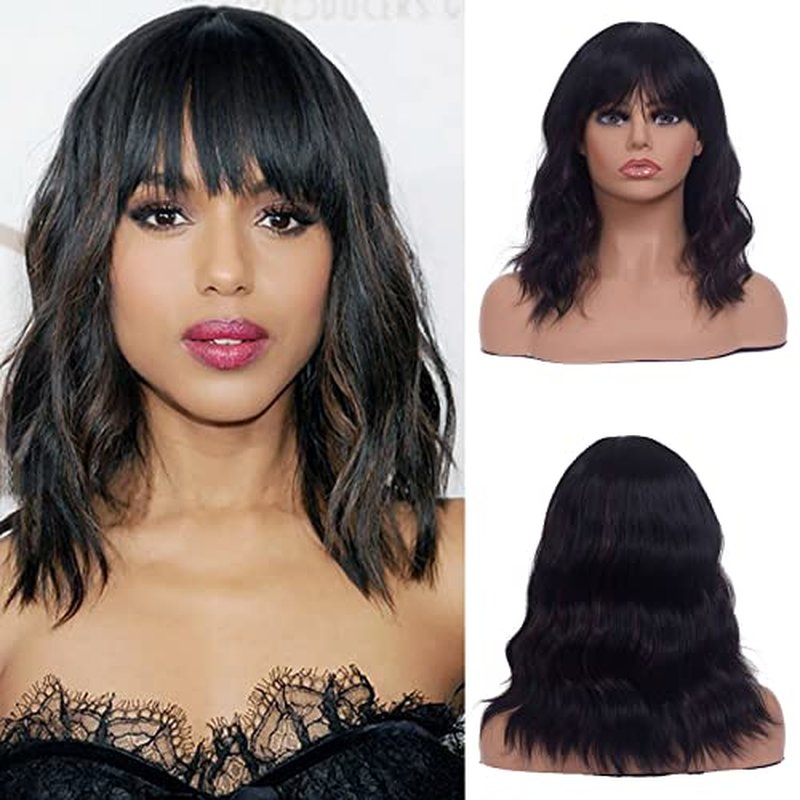 LINGDORA Curly Black Bob Wigs for Women Girl Synthetic Short Wig with Bangs Natural Water Wave Hair Wigs Heat Resistant Fiber for Daily Party Cosplay (Black)