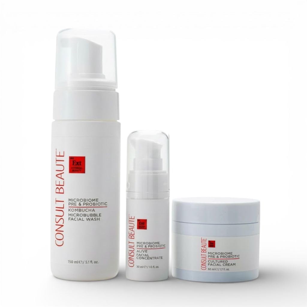 Consult Beaute - MICROBIOME Skin Barrier Moisture Balancing Skin Care Trio - Serum Concentrate, Hydrating Facial Cream & Kombucha Face Wash - For All Skin Types - Lightweight - For Women and Men