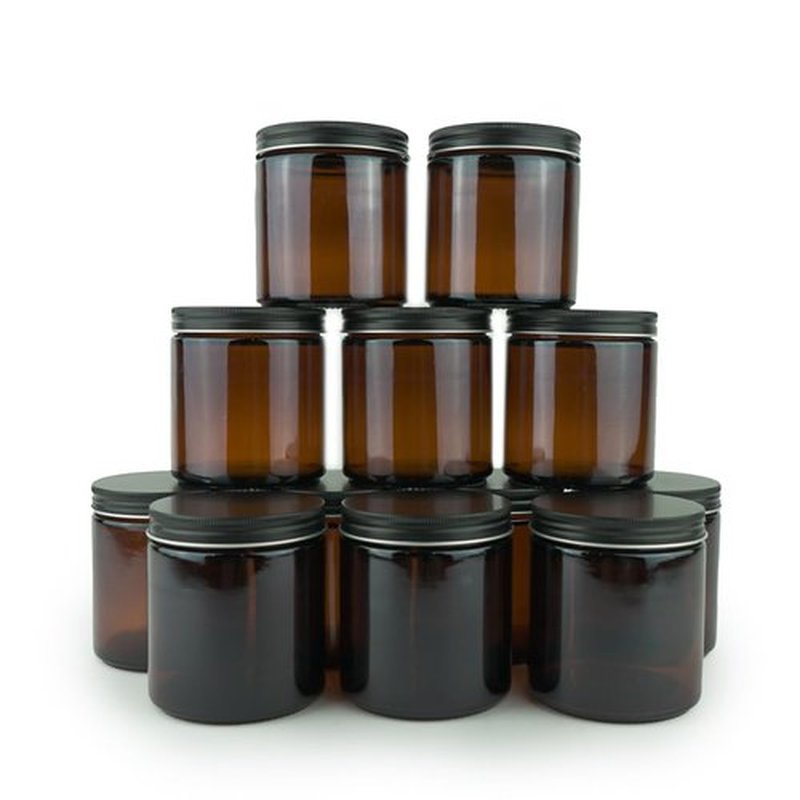 Nature Packaged Glass Amber 16oz Jar - 12 Packs, Empty Round Jars For Beauty Products, Lotion, and Powders - Black Lid - Small Candle Jars