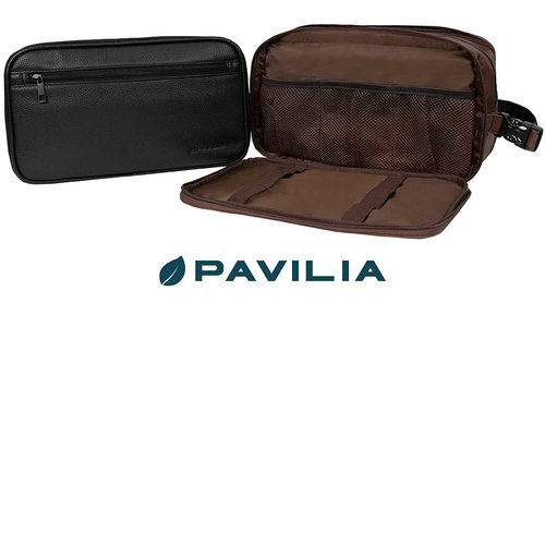 PAVILIA Toiletry Bag for Men, Travel Toiletries Bag | Water-resistant Dopp Kit, PU Leather Shaving Pouch Organizer for Accessories, Cosmetic, Hygiene, Grooming Essentials (XL, Dark Brown)