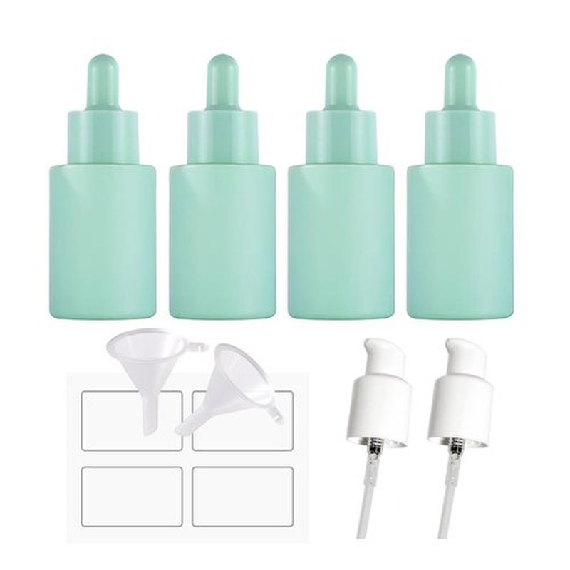 AGENIZ 4 Pack 1oz Glass Dropper Bottle,Green Glass Dropper Bottles with 2 Funnels & 2 Lotion Pumps,30 ml Eye Dropper Bottles For Essential Oils,Serums,Lotion,Tincture Bottles (C -Green)