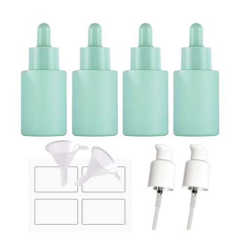 AGENIZ 4 Pack 1oz Glass Dropper Bottle,Green Glass Dropper Bottles with 2 Funnels & 2 Lotion Pumps,30 ml Eye Dropper Bottles For Essential Oils,Serums,Lotion,Tincture Bottles (C -Green)