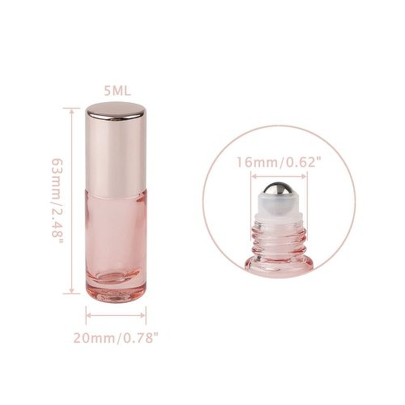 Kesell 14 Pack 5ml Roller Bottles Clear Pink Empty Refillable Glass Sample Vial with Stainless Steel Balls for Essential Oil Perfume Aromatherapy, 4 Funnels + 1 Opener