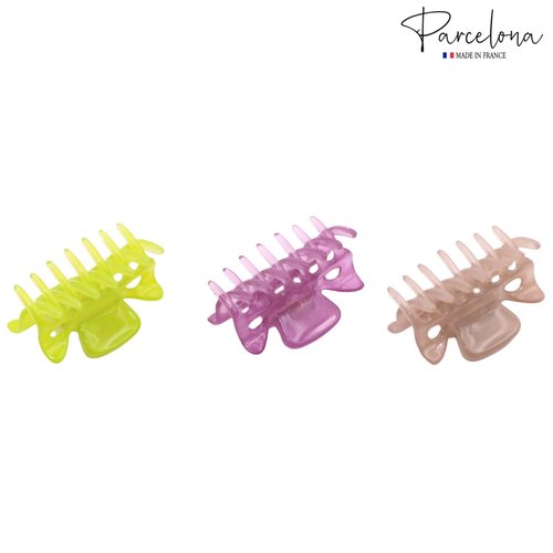 Parcelona French Classic Very Small 1 1/2" Claw Clips with Tight Spring Set of 3 Girls Hair Jaw Claw Clips Durable Styling Women Hair Accessories, Made in France (Lemon Green-Purple-Blush Pink)
