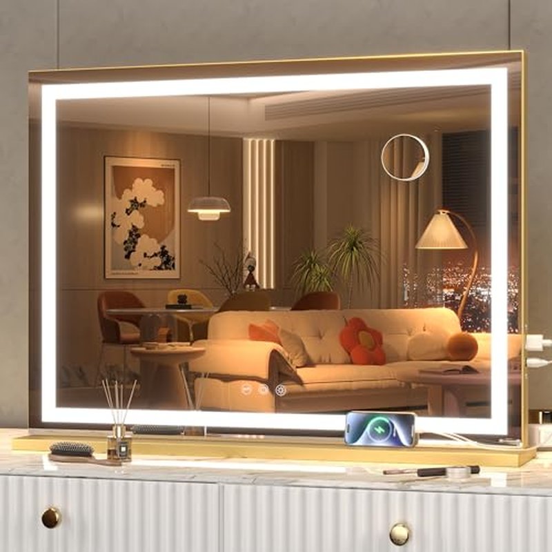 Hasipu Vanity Mirror with Lights, 41.3" x 30" LED Makeup Mirror, Lighted Makeup Mirror with Dimmable 3 Modes, Touch Screen Control Vanity Mirror Round White