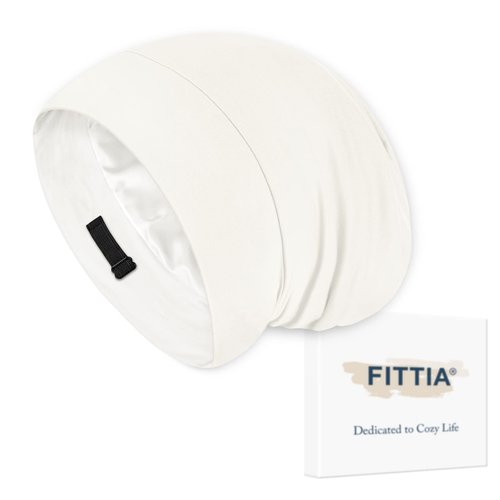 Fittia Satin Hair Bonnet for Sleeping, Silky No Frizzy for Curls Care, Adjustable Strap for Non-Slip, Dreadlocks Cap for Women&Men Ivory