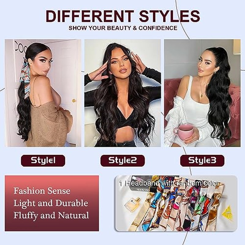 FREEMEIGE Black Drawstring Ponytail Extension Long Wavy Ponytail Extension for Women Pony tail Hair Extension Clip in Pony Tail Hairpieces(22Inch, Natural Black)