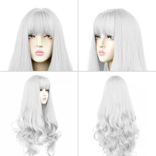 sorkwo White Wig for Women Long White Wig Curly Wavy Hair Wigs for Daily Harajuku Lolita White Cosplay Wig Party Wig