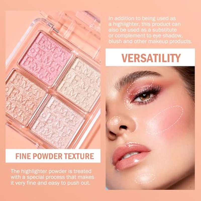 KYDA Baked Powder Highlighter, 4 Color Shimmer Glow Illuminating Powder Palette, Long lasting Face Highlighter Bronzer Makeup Palette for Girls Women-#01