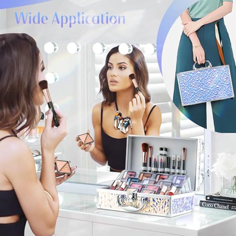 Color Nymph Makeup Kit with Cosmetics Case, Train Case Makeup Kits For Teenage Girls Beginner Women Make up Kit Cosmetics Box Includs Eyeshadow Lipstick Blush Lipgloss Mascara and Tools -Dreamy Silver