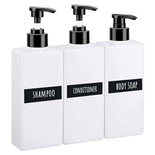 Segbeauty Soap Dispenser Bottle, 3pcs 13.5oz Empty Refillable Press Pump Bottle with Labels, 400ml Plastic Lotion Dispenser Shower Containers for Bathroom Hotel Shampoo Conditioner Body Soap White