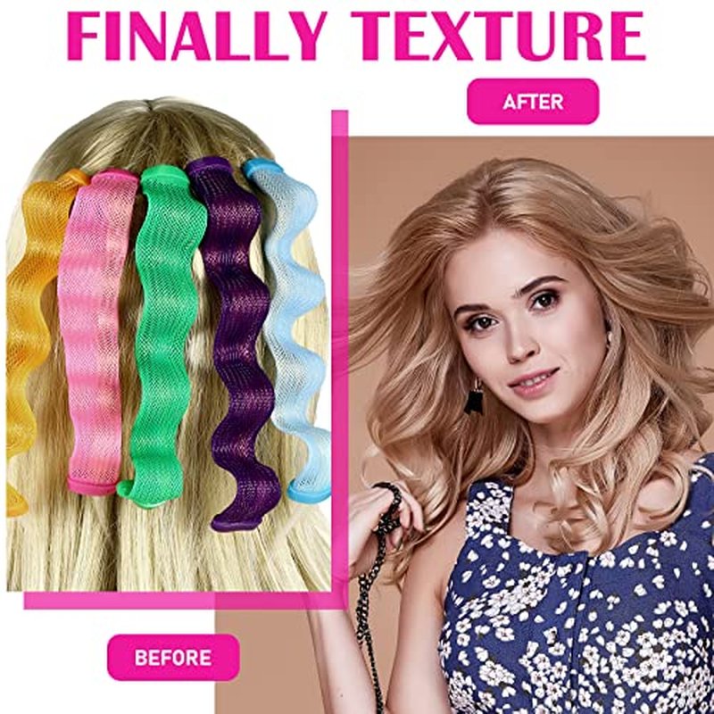 Yilloog 60-Piece Spiral Curlers Styling Kit - 2 Styles No-Heat Silicone Wave Curlers with Hooks and Bags for Long, Medium, and Short Hair (7.8 Inch)