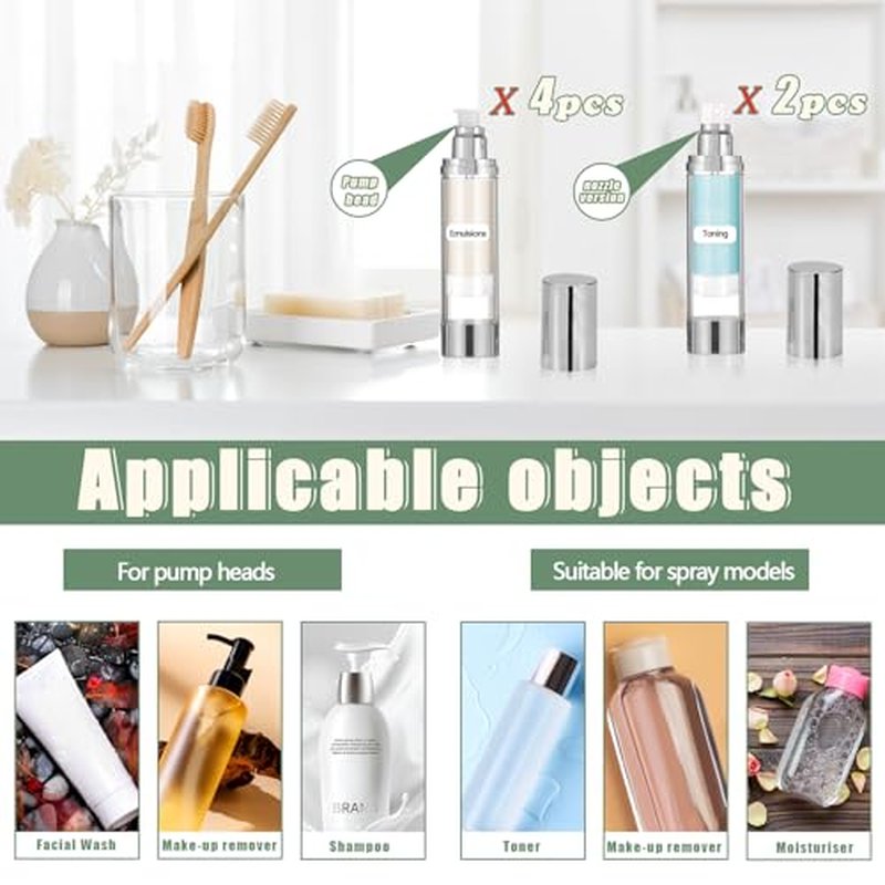 Betinyar 6Pcs 1.7oz/30ml Refillable Airless Pump Bottle, Makeup Pump Dispenser with Labels, Plastic Cosmetic Containers for Storage Travel (Silver)