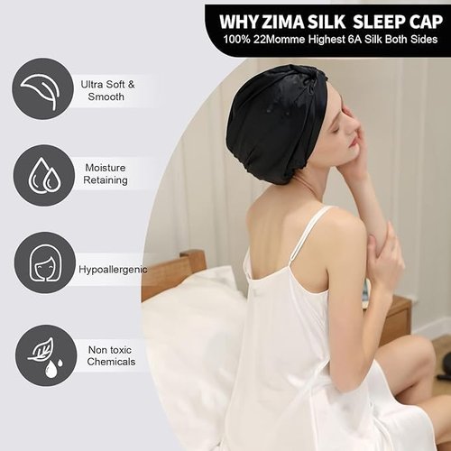 ZIMASILK 22 Momme 100% Mulberry Silk Bonnet for Sleeping & Women Hair Care, Highest Grade 6A Silk Hair wrap for Sleeping with Premium Elastic Stay On Head (1Pc, Black)