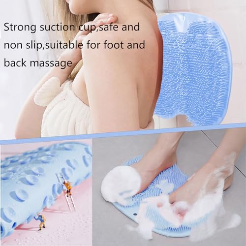 Shower Foot and Back Scrubber Mat,Wall Mounted Shower Foot Scrubber with Suction Cups,Exfoliating Silicone Massage Foot Cleaner for Shower(Blue)