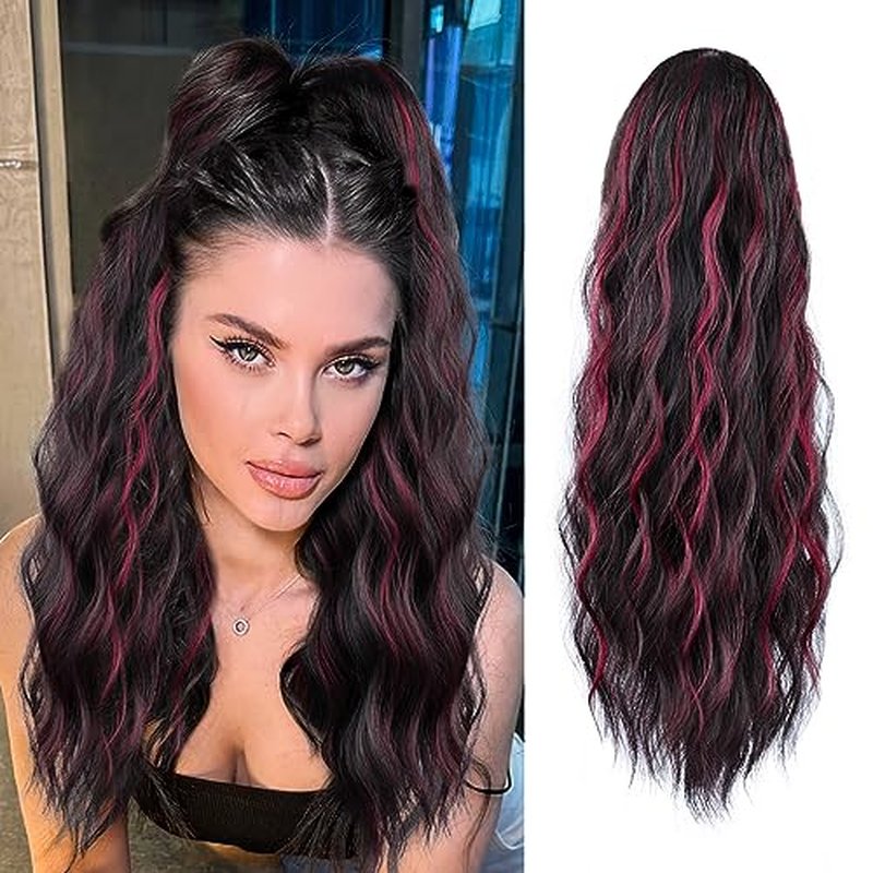 FREEMEIGE Black Drawstring Ponytail Extension Long Wavy Ponytail Extension for Women Pony tail Hair Extension Clip in Pony Tail Hairpieces(22Inch, Natural Black)