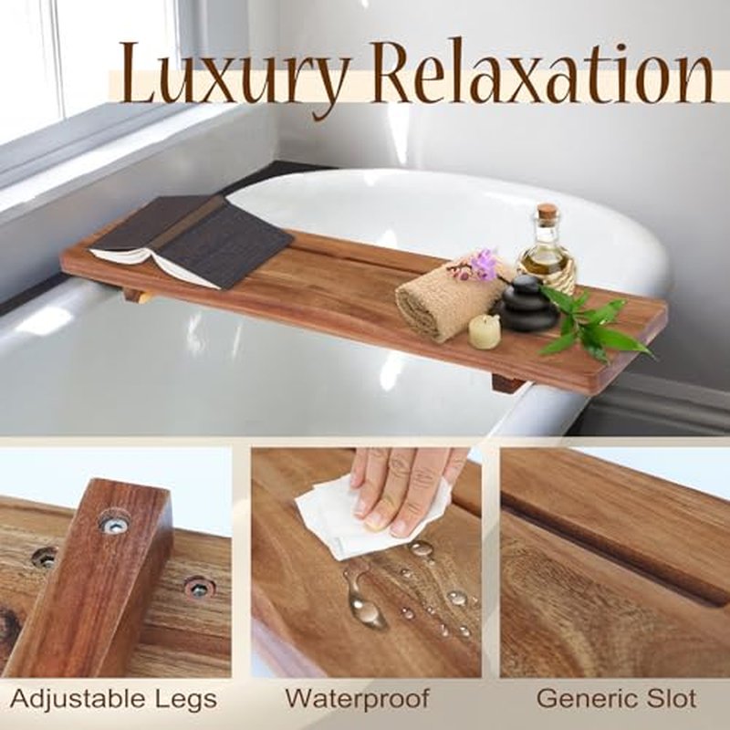 Premium 1.2IN Thickened Board Acacia Wood Bathtub Tray Caddy with Adjustable Legs, Minimalistic Design Bath Tray for Tub, Bathtub Accessories, Fits Most Bath Tubs, Idea for Women