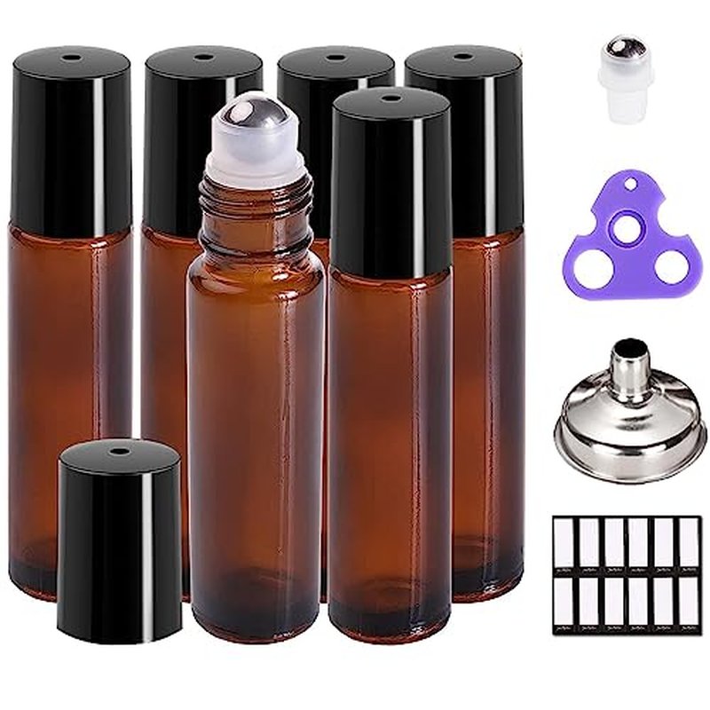 PrettyCare Roller Bottles For Oils 10 ml (Amber Glass, 12 Pack, 1 Extra Stainless Steel Balls, 12 Labels, 1 Opener, 1 Funnels Essential Oil Roller Bottles, Roller on Bottles