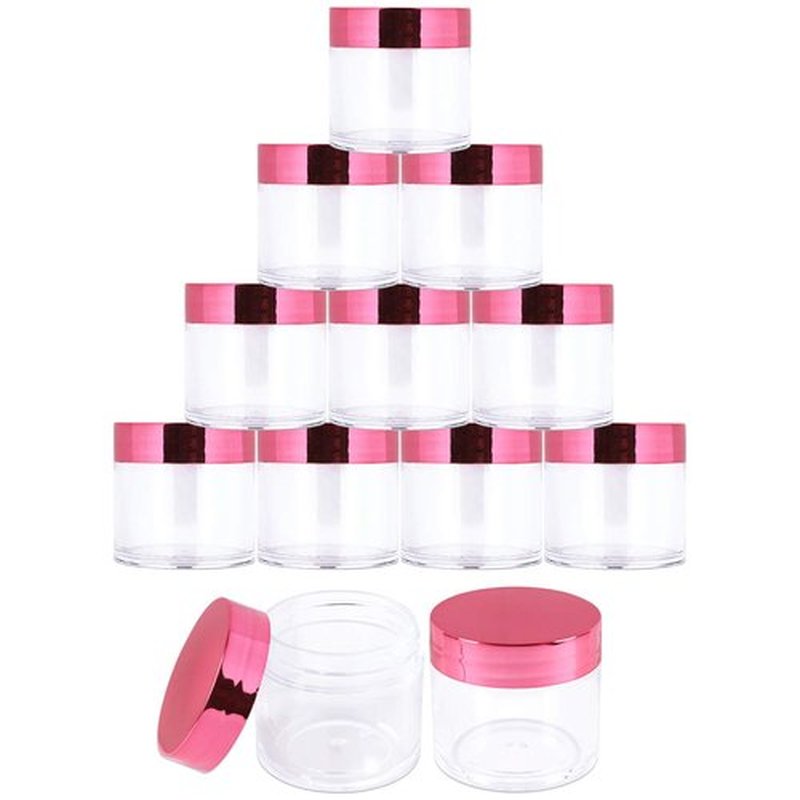 Beauticom 30g/30ml (1 fl. oz.) Double Wall Clear Plastic Leak Proof Jars with Flat Top Lids for Creams, Lotions, Make Up, Powders, Glitters, and more... (Color: Metallic Rose Gold Lid, Pieces: 12)