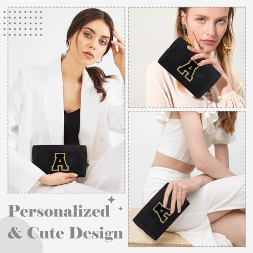 Small Personalized Initial A-Z Preppy Patch Makeup Bag,PU Chenille Letter Travel Cosmetic Pouch with Zipper,Blue Cute Toiletry Bag,Gift Ideal for Teen Girls Women Teacher Bridesmaid,Letter T