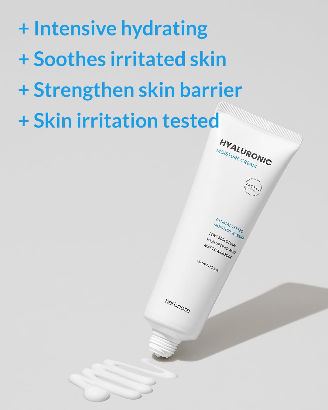 herbnote Low Molecular Hyaluronic Acid Moisture Cream - Gentle & Soothing Skin Protection with Barrier Care, Madecassoside, Centella Asiatica Extract for Sensitive & Damaged Skin, 1.69 oz.