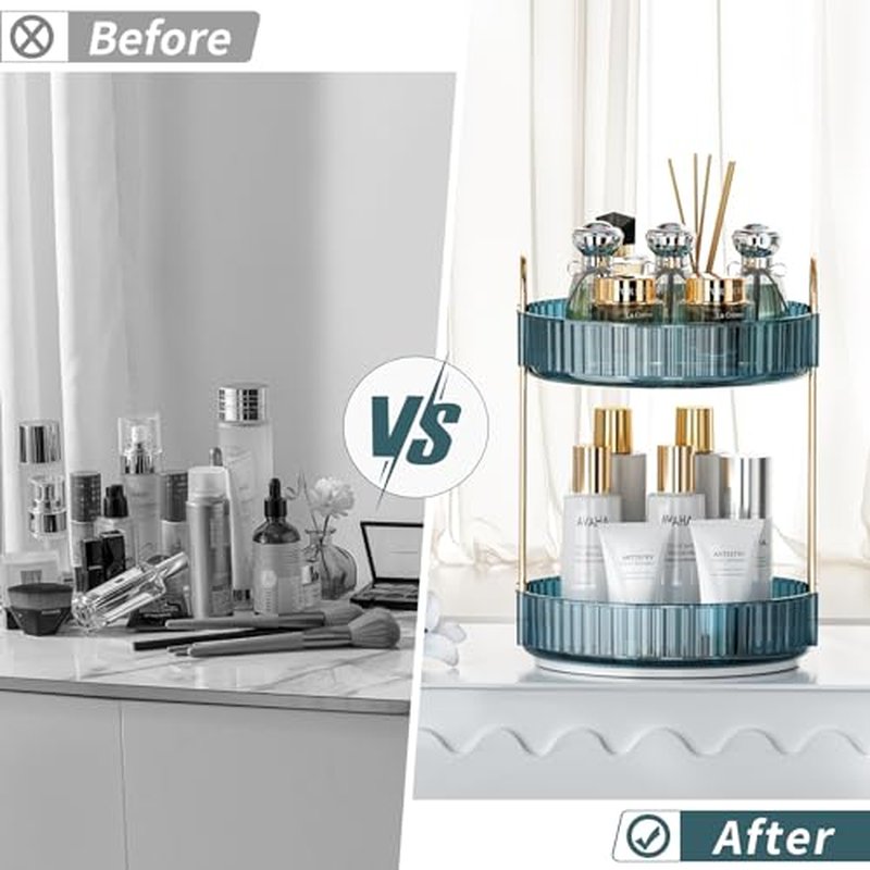 INVSSENE 360° Rotating Makeup Organizer, Bathroom Organizers and Storage Holder Rack, Large Capacity Vanity Shelf Countertop, Fits Cosmetics, Perfume, Skin Care(Blue, 2 Tiers)