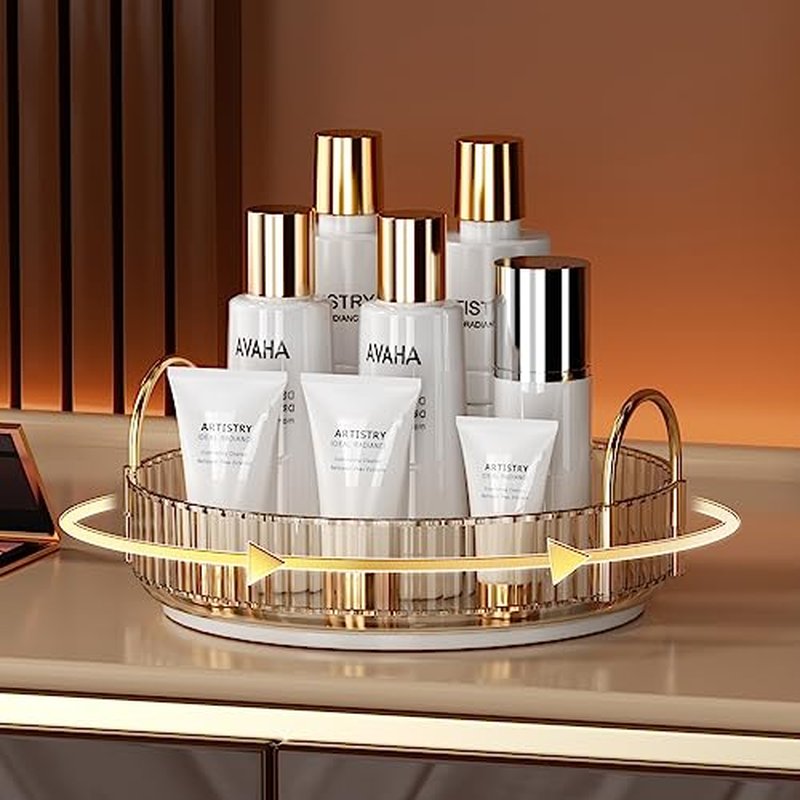 YCIA&DONE 360 Rotating Makeup Organizer and Storage for Vanity Countertop 1 Tier, High Capacity Cosmetic Skincare Perfume Organizer for Dresser Bathroom Fridge Lazy Susan Organizer(Amber Gold)