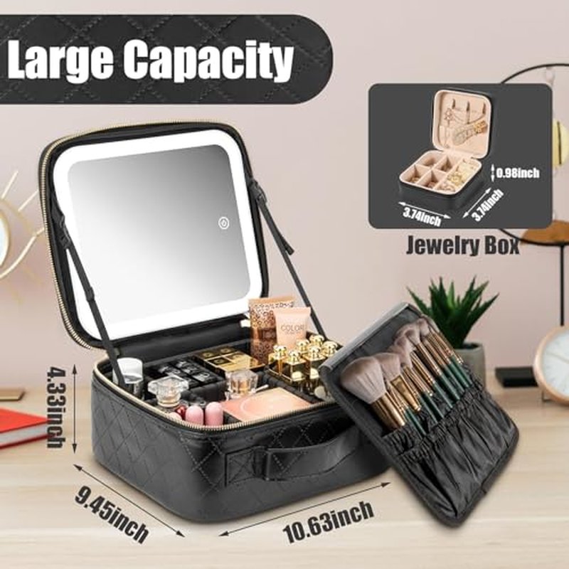 Extrei Gent Makeup Travel Train Case With LED Lighted Mirror, Portable Waterproof 3-Color Adjustable Brightness Professional Makeup Bag with Dividers Makeup Brush Accessories and Toolkit