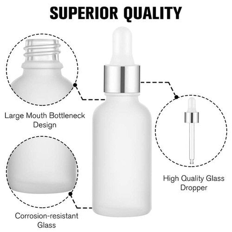 PrettyCare Eye Dropper Bottle 1 oz (24 Pack Frosted Glass Bottles 30ml with Silver Caps, 48 Labels, Funnel & Measured Pipettes) Empty Tincture Bottles for Essential Oils, Perfume