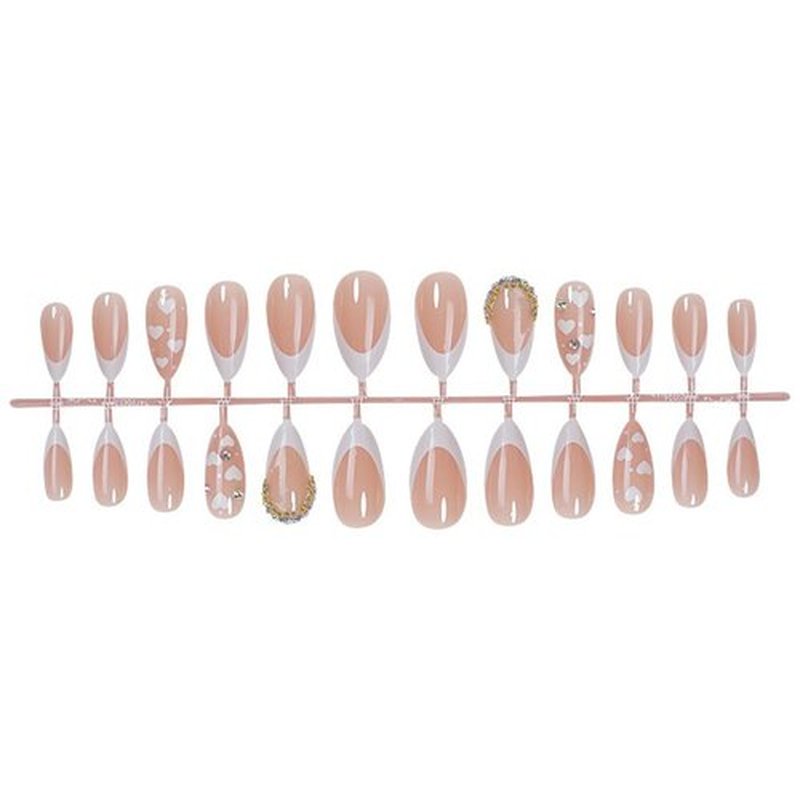 Medium Press on Nails French Tip Fake Nails Valentine's Day Almond Shaped False Nails White Heart Acrylic Nails with Rhinestones Designs Glue on Nails Full Cover Stick on Nails for Women 24Pcs