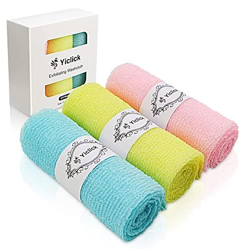 Yiclick Exfoliating Washcloth Towel [3 Pack], Japanese Exfoliating Bath Wash Cloth for Body Exfoliation, Korean Back Scrubber Washer for Shower, African Net Sponge Brush Loofah Exfoliator (Blue)