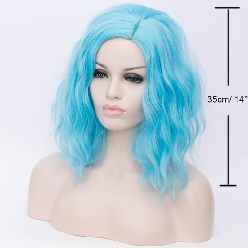 BERON Blue Wigs for Women Short Curly Side Part Wig Girls Shoulder Length Body Wavy Hair Wig Sky Blue Heat Resistant Synthetic Halloween Cosplay Daily Party Wigs