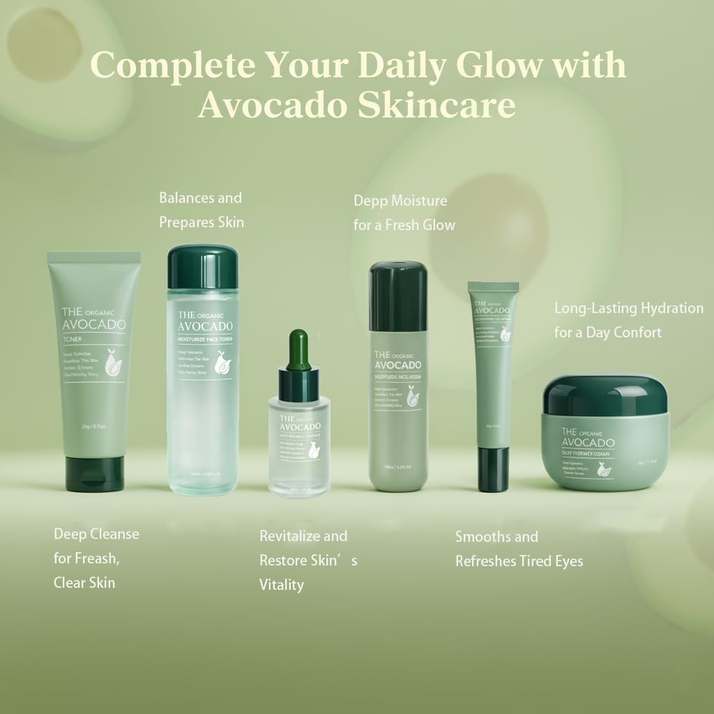 Avocado Skincare Set for Women, 6-Piece Facial Care Kit with Cleanser, Toner, Serum, Lotion, Cream & Eye Cream, Hydrating Moisturizing Gift Set for Teens & Girls