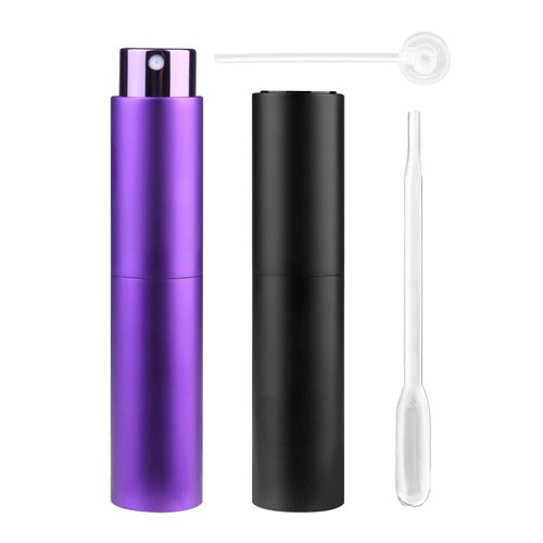 Zingso Refillable Travel Perfume Atomizer Bottles, 2 Pcs 10ml Mini Portable Spray Bottles Refillable Perfume Aftershave Atomizer Empty Travel Bottles with Funnel… (10ml (Black+Dark Purple))