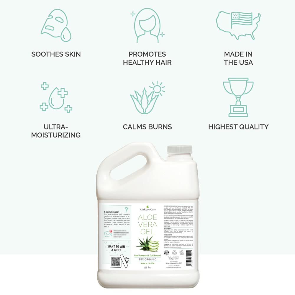 KinRose Care, 128oz Aloe Vera Gel for Face, Skin, Hair & Sunburn Relief - From Pure Organic Aloe Vera - Cold Pressed, Vegan, Unscented - Made in USA.