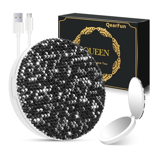 QearFun Luxurious Rhinestone LED Lighted Compact Mirror,Bling Portable Travel Makeup Mirrors,3.5 inch Rechargeable Mini Magnifying Pockets Mirror,Sparkly Beauty for Women,Wedding Favors for Guests