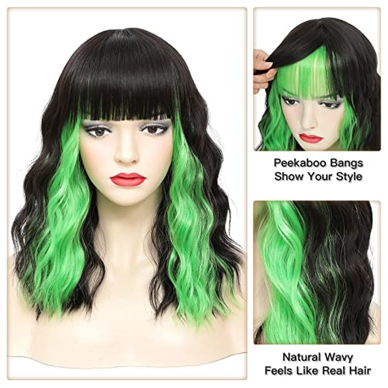 Black Wavy Bob Wig with Green Highlight, Short Wavy Wig with Bangs Highlight Bob Wig Black and Green Synthetic Wig for Women Cosplay Halloween Party Use 14 Inches(HL Green)