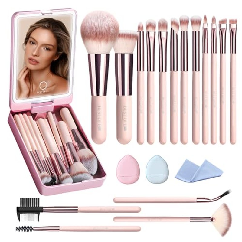 Makeup Brushes with Case, 20PCs Travel Makeup Brush Set, Foundation Concealer Blush Eyeshadow Brush Set Contour Powder Eyebrow Eyelash Brush Kit with Led Light Mirror Holder & 2 Powder Puff-Champagne