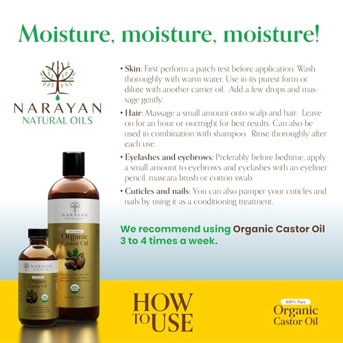 Narayan Organic Castor Oil (4 Fl Oz GLASS BOTTLE) USDA Certified Natural Hexane Free Cold Pressed — For Hair Growth, Eyelashes, Eyebrows & Skin — Extraordinary for Wellness Packs — Includes Beauty Kit