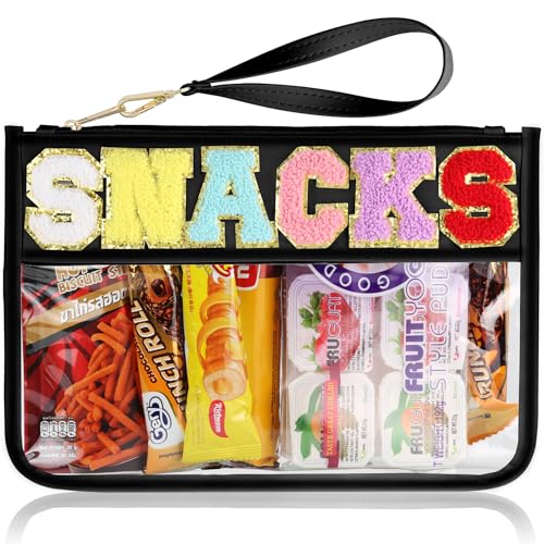 TESAFNG Snack Bag for Travel - Clear Chenille Varsity Letter Flat Pouch with Zipper, Waterproof Clear PVC&PU Preppy Patch Makeup Cosmetic tote Bags for Women Girls (Black-Snacks)