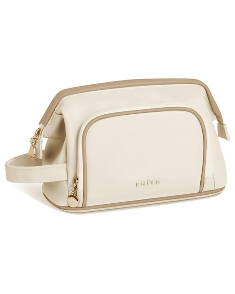 Prite Travel Makeup Bag, PU Leather Waterproof Cosmetic Organizer, Large Wide-open portable Toiletry Bag with Handle(Beige)
