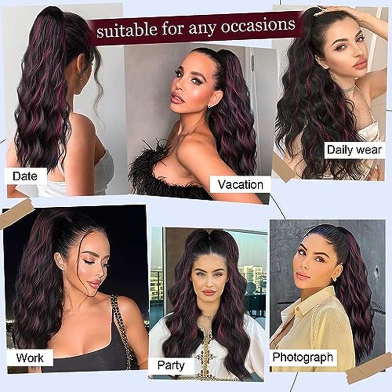 FREEMEIGE Black Drawstring Ponytail Extension Long Wavy Ponytail Extension for Women Pony tail Hair Extension Clip in Pony Tail Hairpieces(22Inch, Natural Black)