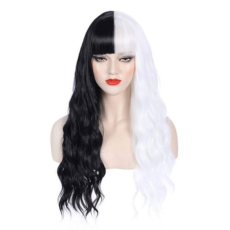 PATTNIUM Black White Wig Long Curly Wavy Wig Black and White Wig with Bangs for Women Two Color Wig Synthetic Halloween Cosplay Wig (Black and White)